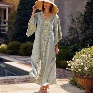 Sue Sartor embroidered silk caftan. Blue and green.